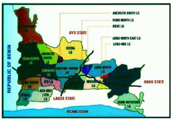 square kilometres, it is bounded on the West by the Benin Republic, on the South by Lagos State and the Atlantic Ocean, on the East by Ondo State, and on the North by Oyo and Osun States. It is situated between Latitude 6.2°N and 7.8°N and Longitude 3.0°E and 5.0°E. It has an estimated population of 3,486,683 people for the year 2005 (8, 18) (Fig. 1)