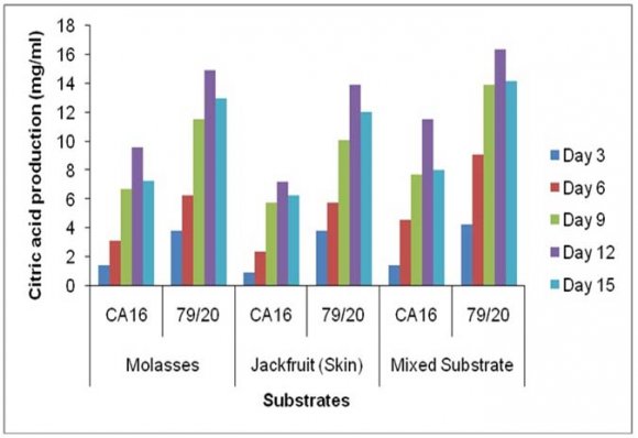 Figure 18: TTA values at different days of fermentation in different substrates (without Prescott salt) by Aspergillus niger CA16 and mutant strain Aspergillus niger. In the presence of Prescott salt, TTA value found in the jackfruit (outer portion) fermentation medium by Aspergillus niger CA16 on day 3, 6, 9, 12 and 15 was 0.2, 0.5, 1.2, 1.5 and 1.3 respectively and that in the absence of Prescott TTA value found was 0.3, 0.96, 1.5, 2.68 and 2.16 respectively. Highest TTA value was found at Day 12 on jackfruit fermentation medium by Aspergillus niger CA16 in the absence of Prescott salt. When Aspergillus niger 79/20 was the strain used for fermentation on jackfruit medium, the TTA value found in the presence of Prescott salt on day 3, 6, 9, 12 and 15 was 0.8, 1.2, 2.1, 2.9 and 2.5 respectively and in the absence of Prescott salt was 1.0, 2.1, 3.2, 4.6 and 4.22. TTA value was highest at day 12 in the absence of Prescott salt for Aspergillus niger 79/20 which was higher than that obtained for Aspergillus niger CA16 (Figure-17 & 18).TTA value obtained on day 3, 6, 9, 12 and 15 was 0.3, 0.95, 1.6, 2.4 and 1.67 respectively in the presence of Prescott salt and in the absence of Prescott salt was 0.5, 1.2, 2.8, 3.4 and 2.85 respectively when the parent strain Aspergillus niger CA16 was allowed to ferment the mixed medium. Highest TTA value found in the absence of Prescott salt for Aspergillus niger CA16 grown on mixed fermentation medium. When the same medium was fermented by Aspergillus niger 79/20, the TTA value obtained in the presence of Prescott salt on day 3, 6, 9, 12 and 15 was 1.0, 1.89, 2.9, 3.4 and 2.95 respectively and in the absence of Prescott salt the TTA value was 1.2, 2.7, 3.95, 5.38 and 4.89 respectively. Once again the highest TTA value was obtained for Aspergillus niger 79/20 on day 12 in the absence of Prescott salt which was higher than that obtained in case of Aspergillus nigerCA16 (Figure-17 & 18).