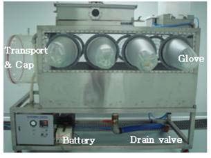Figure 1: Isolator system for miniature pigs This system is composed of a stainless steel body containing an entry port, gloves, control box, battery, drain valve, filter boxes, and other variable equipment. b) Animals Specific pathogen-free miniature pigs (PWG Micropig, mixed with Yucatan, native pigs, pygmy pigs, and miniature pot-bellied pigs) were obtained from Medi Kinetics Co. (Pyeongtaek, Korea). All of the pigs were quarantined for 4 weeks before use in experiments, and were clinically healthy prior to the study. Miniature pigs were divided into 2 groups. The piglet group (n = 8), consisting of animals approximately 4 weeks old and weighing 5 to 7 kg, were used to obtain normal physiological values at 6, 10, 14, 18, and 22 weeks of age. The adult group (n = 8), which consisted of animals approximately 40 weeks old which weighed 19 to 21.3 kg, was used to obtain normal physiological values for miniature pigs at 43, 47, 51, 55, and 59 weeks of age.