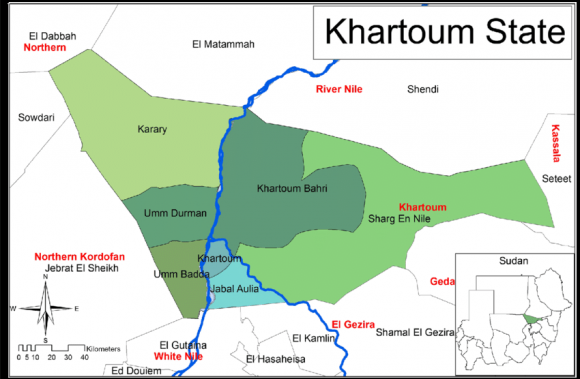 Figure 1: Map of Sudan and Khartoum state showing the study areas for bovine trypanosomiasis