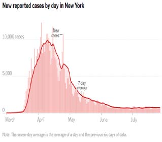 Figure 2: (A). for Case 1.Coronavirus maps and new reported cases by day in New York City, (B). for Case 2.California, and (C).for Case 3. Maine, by The New York Times (July 29, 2020).