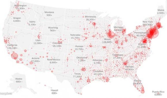 Figure 8: (A).Petroleum refineries map of the USA (Smart Draw).(B).Mapping how the United States generated its electricity in 2017 (John Muyskens, Dan Keating and Samuel Granados).(C).Distribution map of coronavirus (COVID-19) cases in the USA (The New York Times).