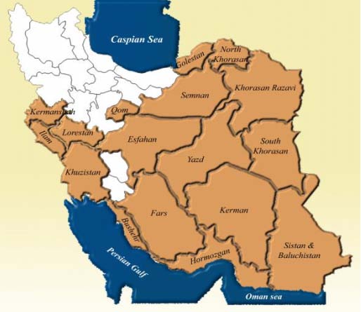 Figure 1: Map of Iran providing the province outlines, in brown the provinces that are endemic for zoonotic cutaneous leishmaniasis(1)