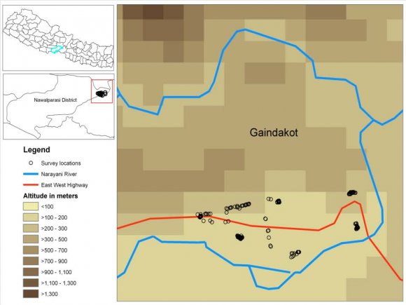 case of individuals under 16 years of age, written b) Study area and population This study was conducted in the indigenous population of Gaindakot Village Development Committee (VDC), Nepal. It is located (27?43?15.27?N and 84?22?27.20?E) 130 km southwest from Kathmandu, capital city of Nepal. The geographical location of the survey site can be seen in Figure 1.