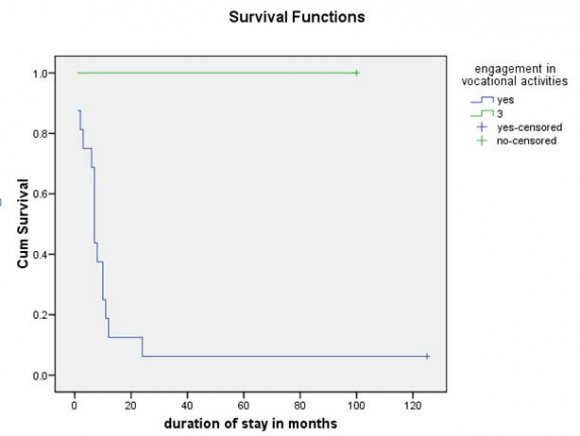 Figure 1 : Kaplan -Meier estimate of the survival function curves for discharged and Non-discharged patients in relation to their engagements in vocational activities