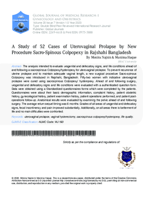 A Study of 52 Cases of Uterovaginal Prolapse by New Procedure Sacro-Spinous Colpopexy in Rajshahi Bangladesh