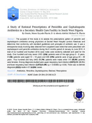 A Study Of Rational Prescriptions Of Penicillin And Cephalosporin Antibiotics In A Secodary Health Care Facility In South West Nigeria