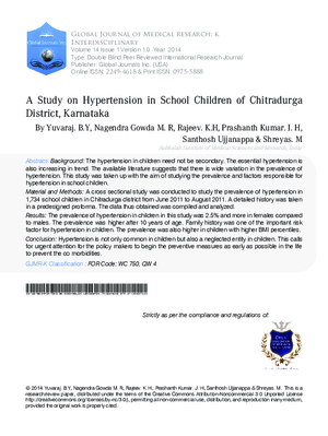 A Study on Hypertension in School Children of Chitradurga District, Karnataka