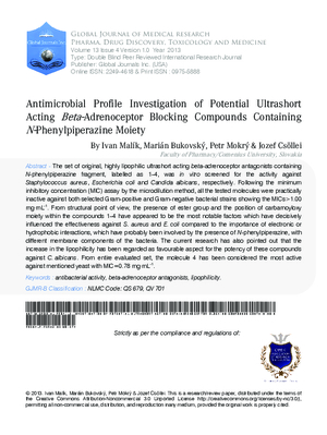 Antimicrobial Profile Investigation of Potential Ultrashort Acting Beta-Adrenoceptor Blocking Compounds Containing N-Phenylpiperazine Moiety