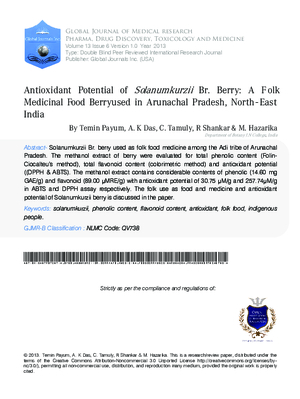 Antioxidant Potential of Solanumkurzii Br. Berry: A Folk Medicinal Food Berry used in Arunachal Pradesh, North- East India