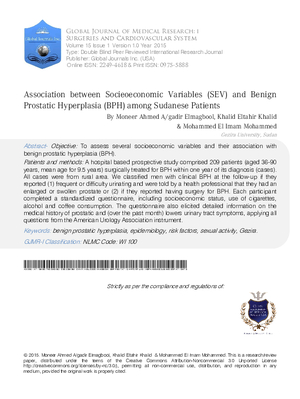 Association between Socieoeconomic Variables (SEV) and Benign Prostatic Hyperplasia (BPH) among Sudanese Patients