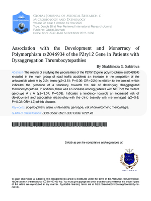 Association with the Development and Menorracy of Polymorphism Rs2046934 of the P2ry12 Gene in Patients with  Dysaggregation Thrombocytopathies.
