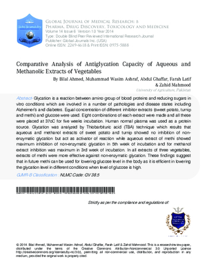 Comparative Analysis of Antiglycation Capacity of Aqueous and Methanolic Extracts of Vegetables
