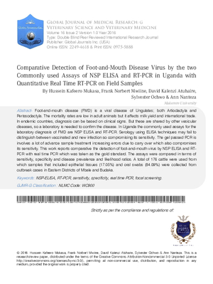 Comparative Detection of Foot-and-Mouth Disease Virus by the two Commonly used Assays of NSP ELISA and RT-PCR In Uganda with Quantitative Real Time RT-PCR on Field Samples