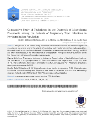 Comparative Study of Techniques in the Diagnosis of Mycoplasma Pneumonia among the Patients of Respiratory Tract Infections in Northern Indian Population