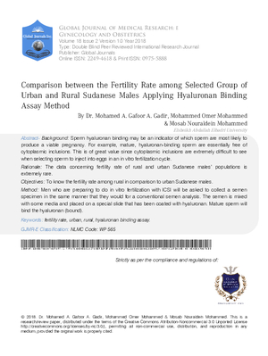 Comparison between the Fertility Rate among Selected Group of Urban and Rural Sudanese Males Applying Hyaluronan Binding Assay Method
