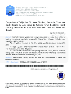 Comparison of Subjective Dizziness, Tinnitus, Headache, Taste, and Smell Results by Age Group in Yakumo Town Residents Health Checkup Conducted in 2019 with Measured Taste and Smell Test Results