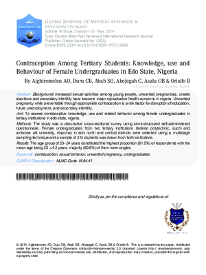 Contraception among Tertiary Students: Knowledge, use and Behaviour of Female Undergraduates in Edo State, Nigeria