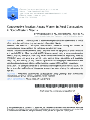 Contraceptive practices among women in Rural Communities in South-Western Nigeria