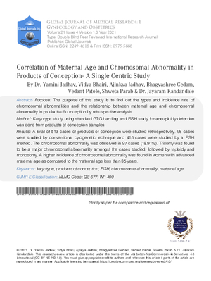 Correlation of Maternal Age and Chromosomal Abnormality in Products of Conception- A Single Centric Study