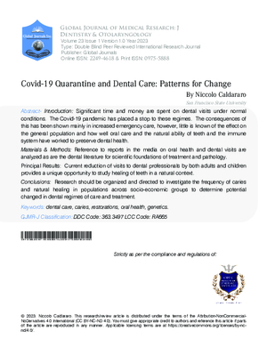 Covid-19 Quarantine and Dental Care: Patterns for Change