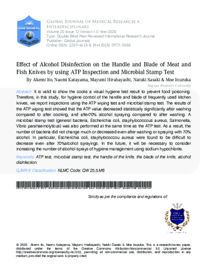 Effect of  Alcohol Disinfection on the Handle and Blade of Meat and Fish Knives  by using ATP Inspection and Microbial Stamp Test