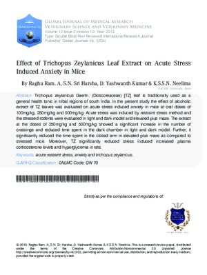Effect of Trichopus Zeylanicus Leaf Extract on Acute Stress Induced Anxiety in Mice