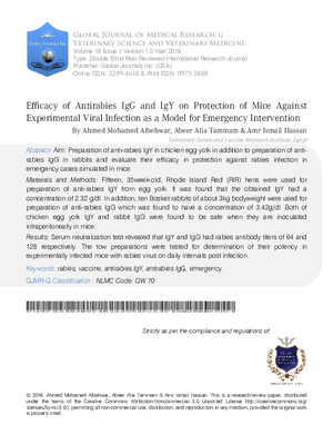 Efficacy of Antirabies IgG and IgY on Protection of Mice against Experimental Viral Infection as a Model for Emergency Intervention