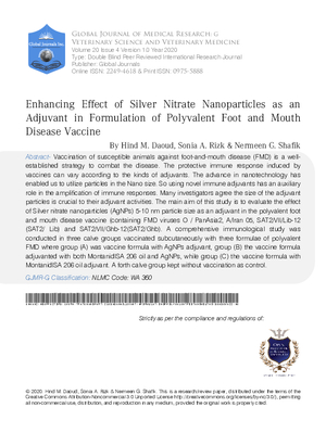 Enhancing Effect of Silver Nitrate Nanoparticles as an Adjuvant in Formulation of Polyvalent Foot and Mouth Disease Vaccine