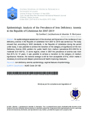 Epidemiologic Analysis of the Prevalence of Iron Deficiency Anemia in the Republic of Uzbekistan for 2007-2019