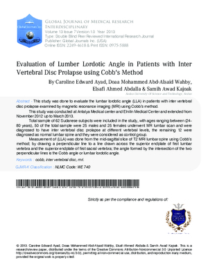 Evaluation of Lumber Lordotic Angle in Patients with Inter Vertebral Disc Prolapse using Cobbs Method