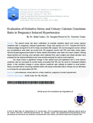 Evaluation of Oxidative Stress and Urinary Calcium Creatinine Ratio in Pregnancy Induced Hypertension