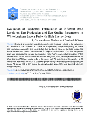 Evaluation of Polyherbal Formulation at Different Dose Levels on Egg Production and Egg Quality Parameters in White Leghorn layers fed with High Energy Diets