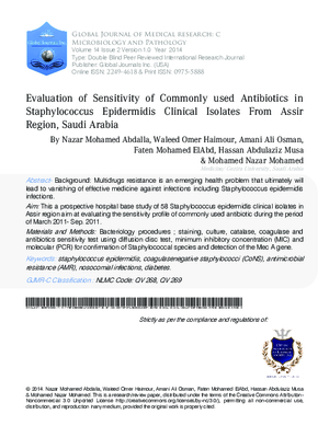 Evaluation of Sensitivity of Commonly used Antibiotics in Staphylococcus Epidermidis Clinical Isolates from Assir Region, Saudi Arabia