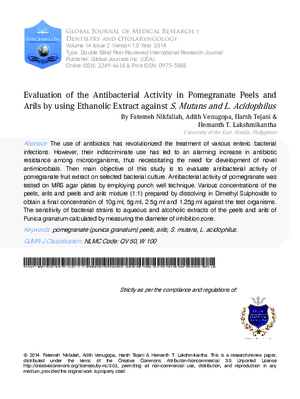 Evaluation of the Antibacterial Activity in Pomegranate Peels and Arils by using Ethanolic Extract against S. mutans and L. acidophilus