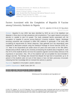 Factors Associated With the Completion of Hepatitis B Vaccine among University Students in Nigeria
