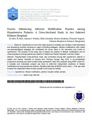 Factors Influencing Lifestyle Modification Practice among Hypertensive Patients: A Cross-Sectional Study in two Selected Eritrean Hospitals