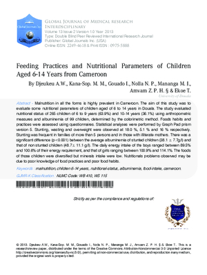 Feeding Practices and Nutritional Parameters of Children Aged 6-14 Years from Cameroon