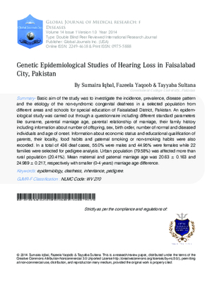 Genetic Epidemiological Studies of Hearing Loss in Faisalabad City, Pakistan