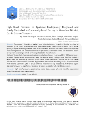 High Blood Pressure, an Epidemic Inadequately Diagnosed and Poorly Controlled: A Community-Based Survey in Kinondoni District, Dar Es Salaam Tanzania