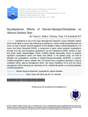 Hypolipidemic Effects Of Diaceto-Dipropyl-Disulphide In Alloxan Diabetic Rats