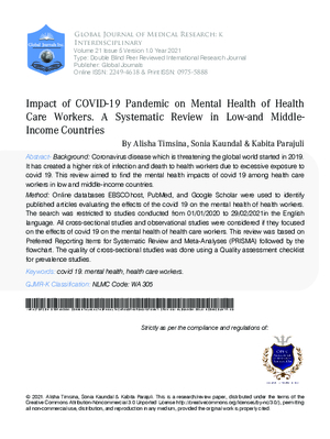Impact of COVID-19 Pandemic on Mental Health of Health Care Workers. A Systematic Review in Low- and Middle-Income Countries