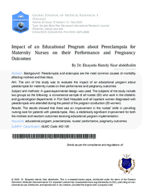 Impact of Educational Program about Preeclampsia for Maternity Nurses on  their Performance and Pregnancy Outcomes
