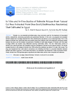 In vitro and in-vivo studies of tolmetin release from natural gel base extracted from Okra seed (Abelmoschus esculentus) that cultivated in Egypt