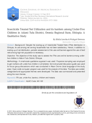 Insecticide Treated Net Utilization and its barriers among Under-Five Children in Adami Tulu District, Oromia Regional State, Ethiopia: A Qualitative Study