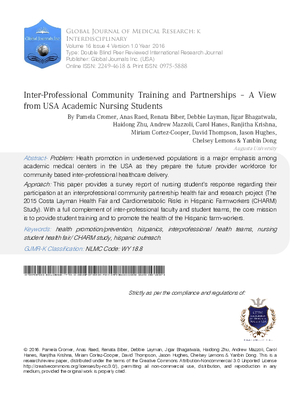 Inter-Professional Community Training and Partnerships a A View from USA Academic Nursing Students