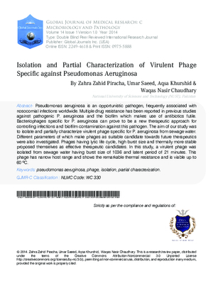 Isolation and Partial Characterization of Virulent Phage Specific against Pseudomonas Aeruginosa