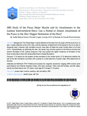 MRI Study of the Psoas Major Muscle and its Attachments to the Lumbar Intervertebral Discs: Can a Partial or Absent Attachment of the Psoas to the Disc Trigger Herniation of the Disc?
