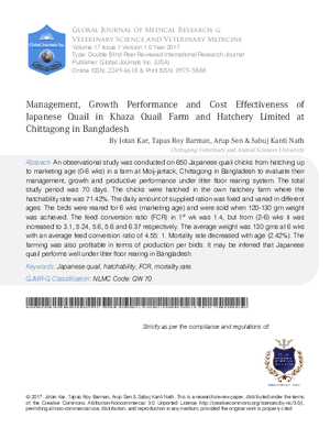 Management, Growth Performance and Cost Effectiveness of Japanese Quail in Khaza Quail farm and Hatchery Limited at Chittagong in Bangladesh