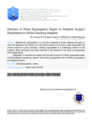 Outcome of Distal Hypospadias Repair in Pediatric Surgery Department at Alribat Teaching Hospital
